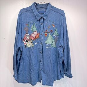 Vintage Christmas Winter & Santa Embroidery Denim Holiday Shirt Karen Scott 3X